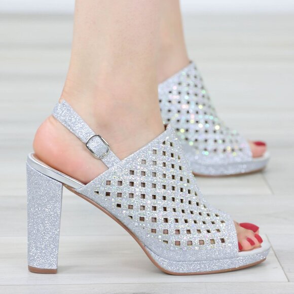 Sparkly Rhinestone Glitter Silver Platform High Heels Open Toe Party Shoes - Picture 9 of 14